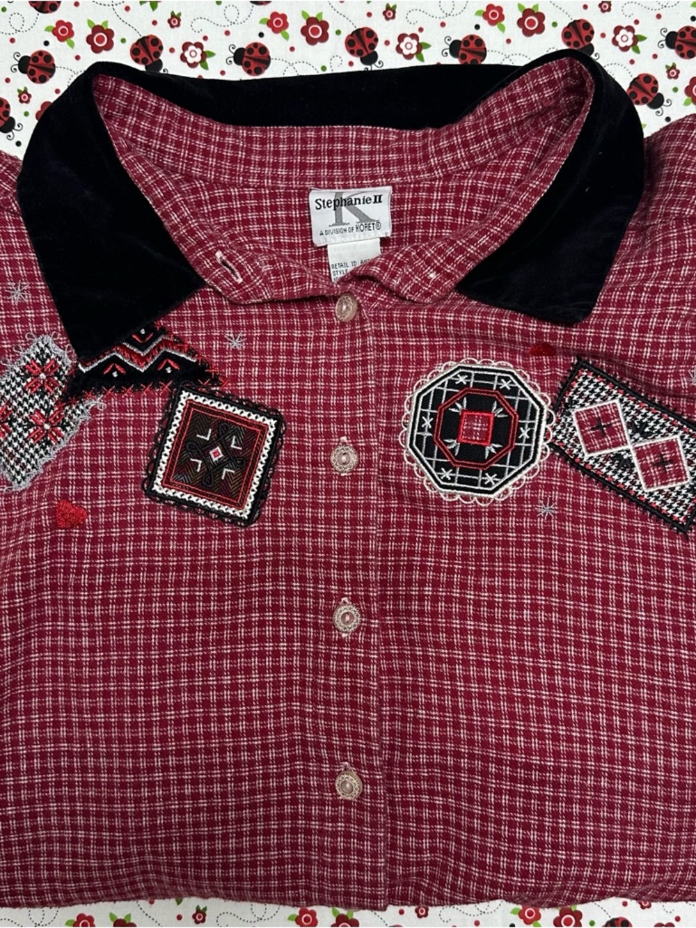 Stephanie II Red Checkered Patchwork Blouse with Velvet Collar Size 22W / 3X